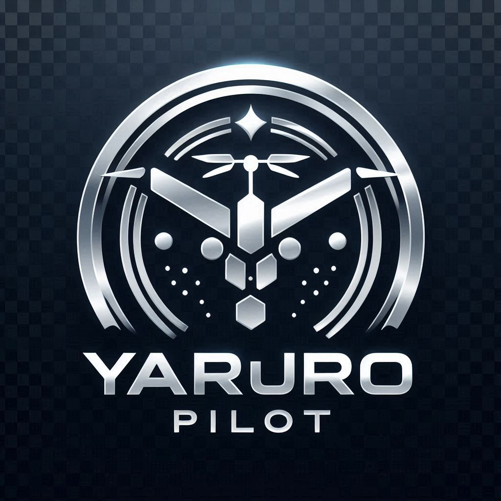 A modern, silver-colored logo with the text 'YARURO PILOT'. The design includes a sleek drone icon a